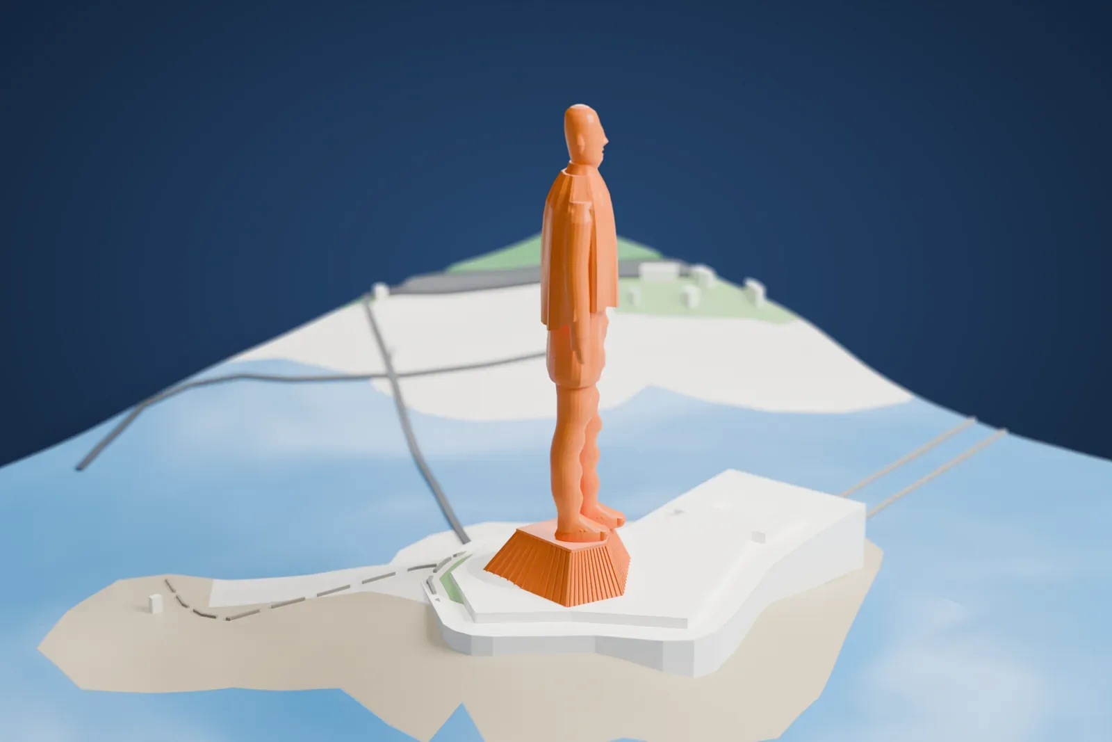 A white 3D print of the Statue of Unity, a tall standing figure on a wide platform on a small river island, with water all around and a narrow road leading to the shore.