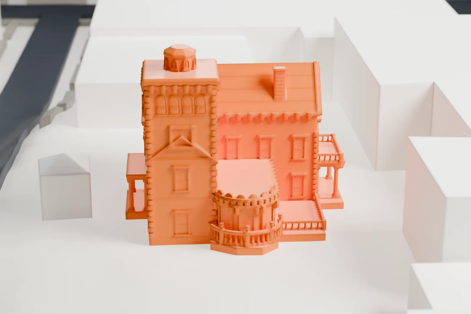 A white 3D print of the Steinway Mansion, a villa with a square tower and cupola, a steep gabled roof, porches and a rounded balcony, standing among large neighboring buildings.