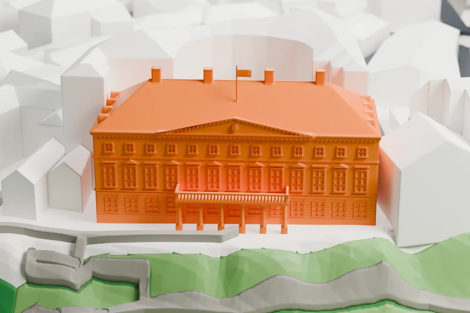 A white 3D print of Stenbock House, a long building with a hipped roof, chimneys and a columned balcony, among surrounding buildings with green slopes and paths nearby.