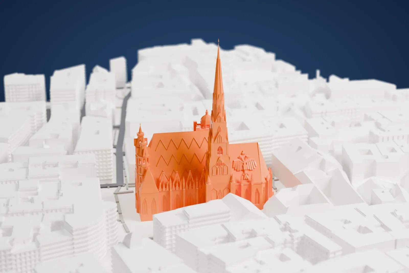 A white 3D print of St. Stephen's Cathedral, a Gothic church with one tall spire and a steep patterned roof, surrounded by closely packed city buildings.