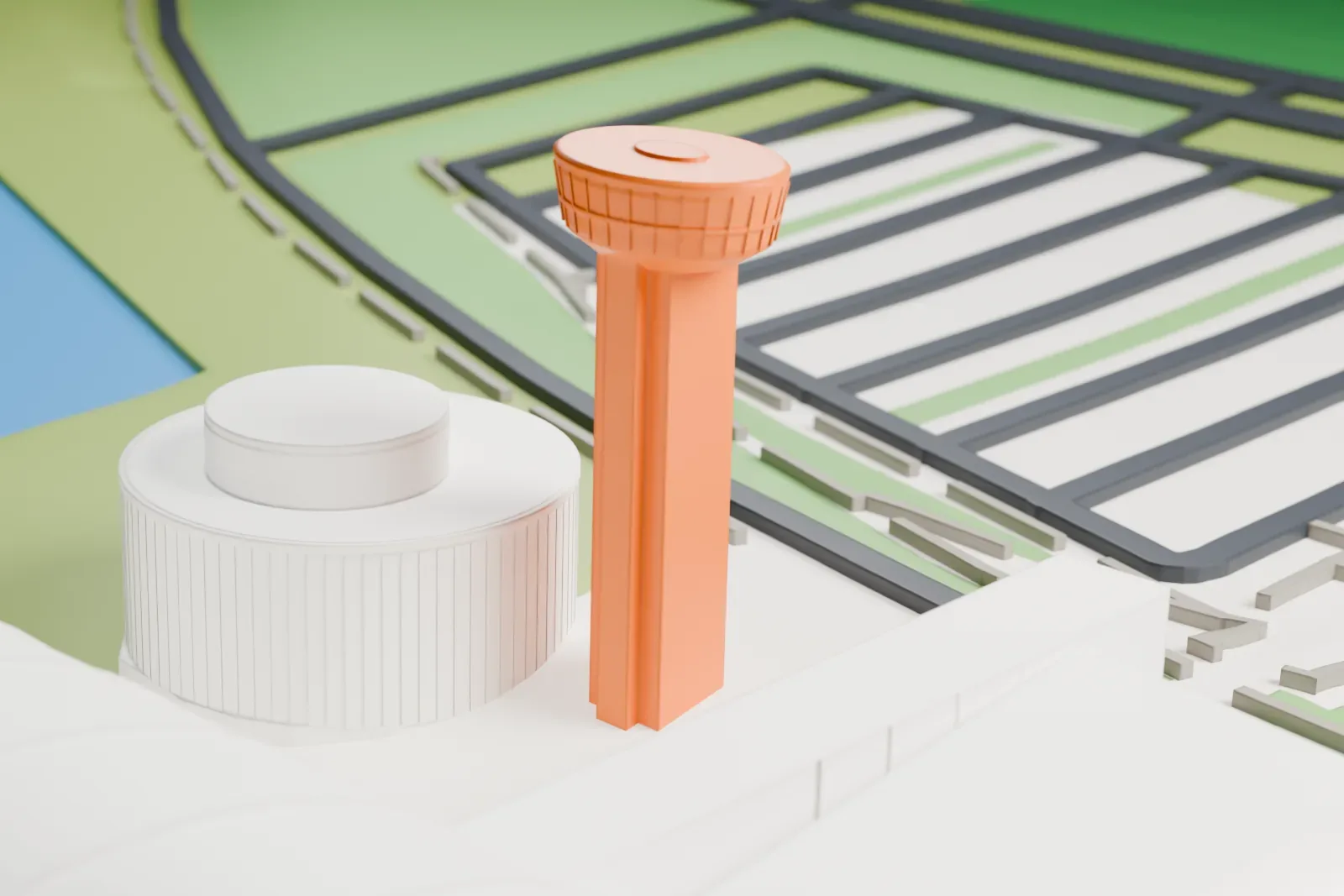 A white 3D print of the Steven F. Udvar-Hazy Center, a long low hangar with a ribbed barrel-vaulted wing and a slim tower, set among lawns, ponds and roads.