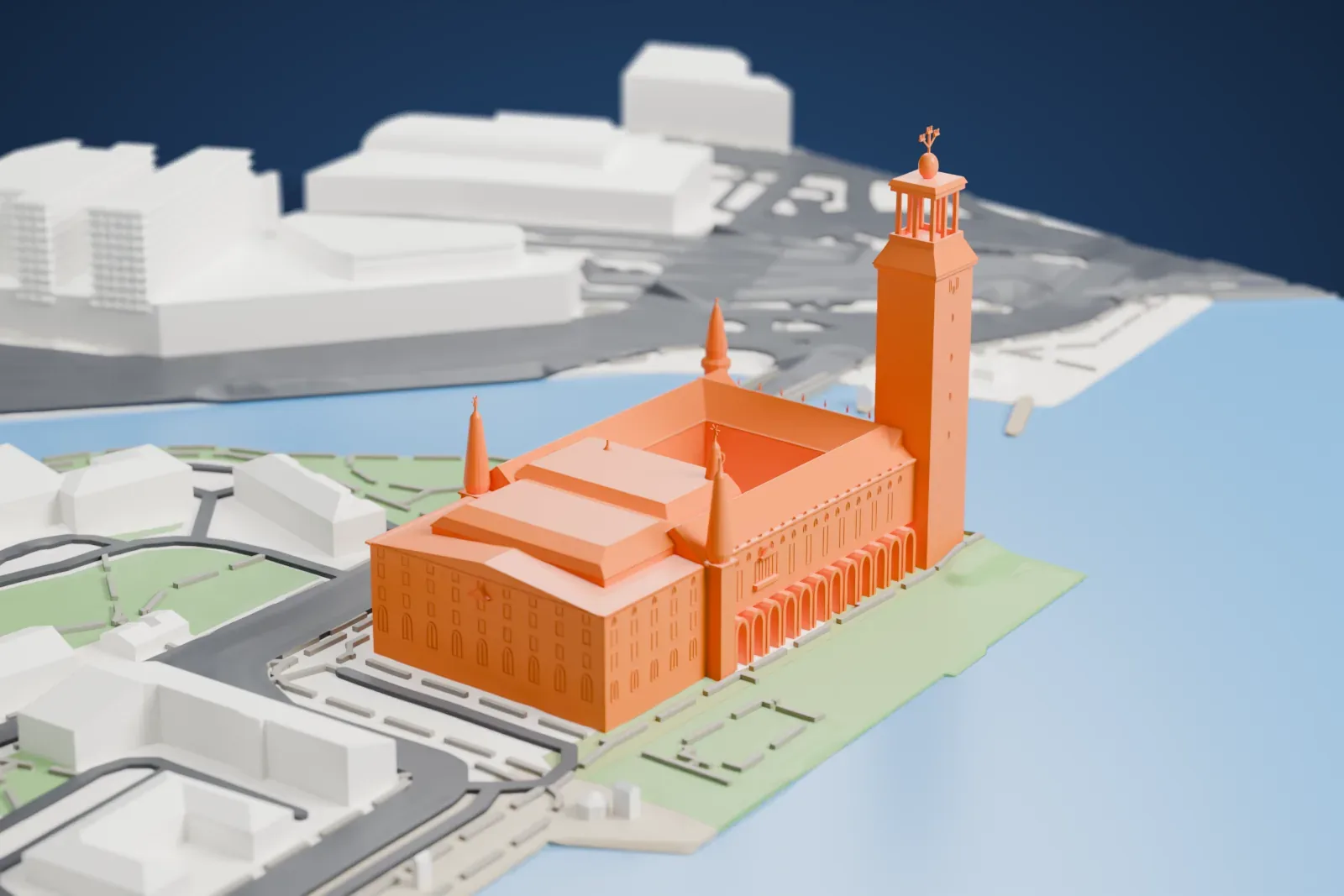 A white 3D print of Stockholm City Hall, a long brick building with a tall square tower, on a waterfront with water on several sides and parks and streets beside it.