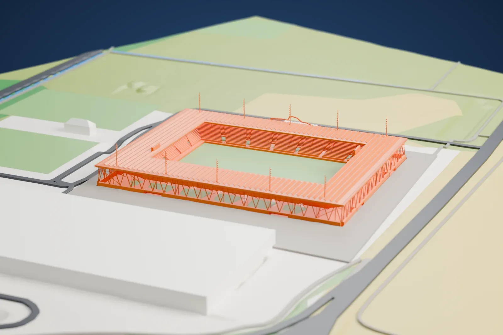 A white 3D print of Stockhorn Arena in Thun, with surrounding streets and buildings.