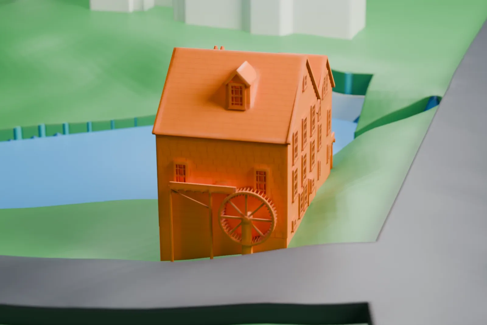 A white 3D print of the Stony Brook Grist Mill, a gabled mill with a waterwheel standing beside a pond and a road.