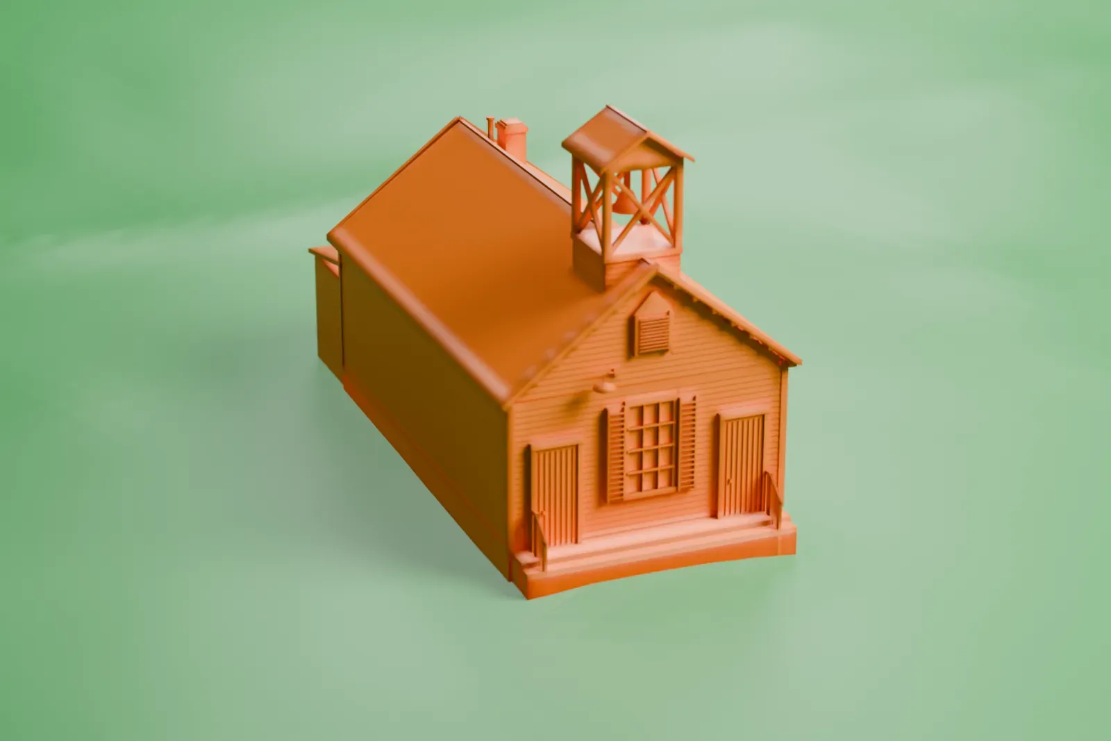 A white 3D print of Stony Point District School No. 4, a small one-story school with a steep gable roof and a belfry, on a grassy site beside a road.