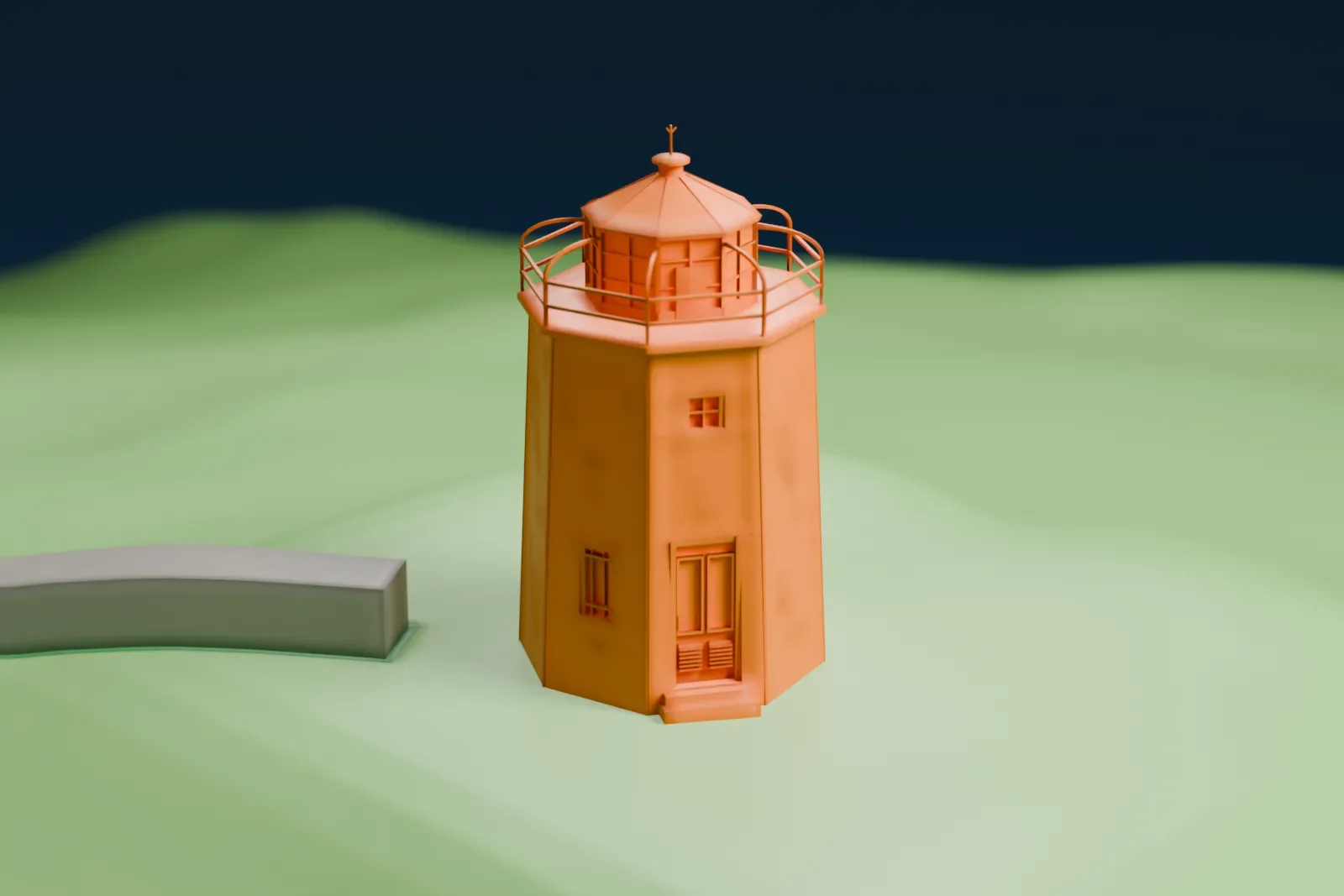 A white 3D print of Stony Point Light, a small octagonal tower with a lantern on top, standing on a grassy hillside with winding paths and water beyond.