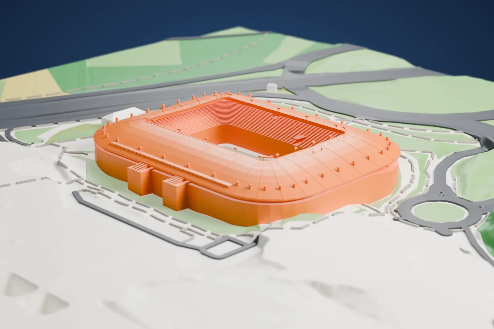 A white 3D print of Stožice Stadium, a rounded stadium with a wide sloping roof over the stands, set among lawns and roads beside a domed arena.