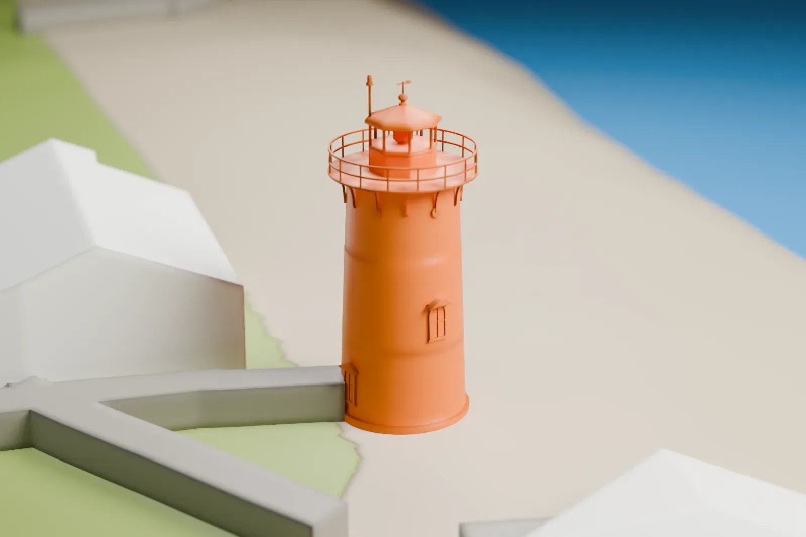 A white 3D print of the Stratford Point Light, a slim tapered lighthouse with a railed gallery and lantern, beside small buildings on a grassy shore next to open water.