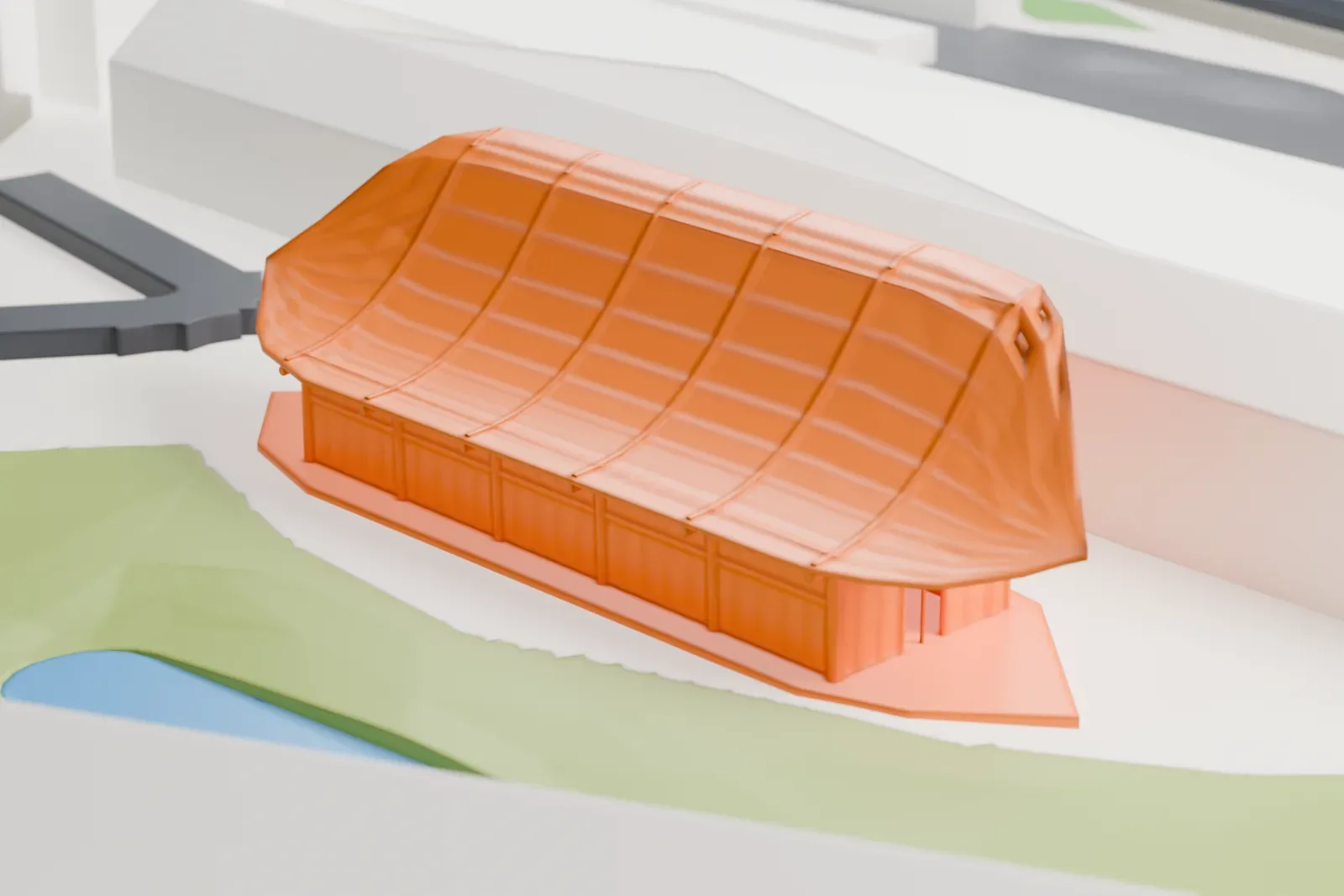 A white 3D print of Stratford station in London, with the surrounding streets and buildings around it.