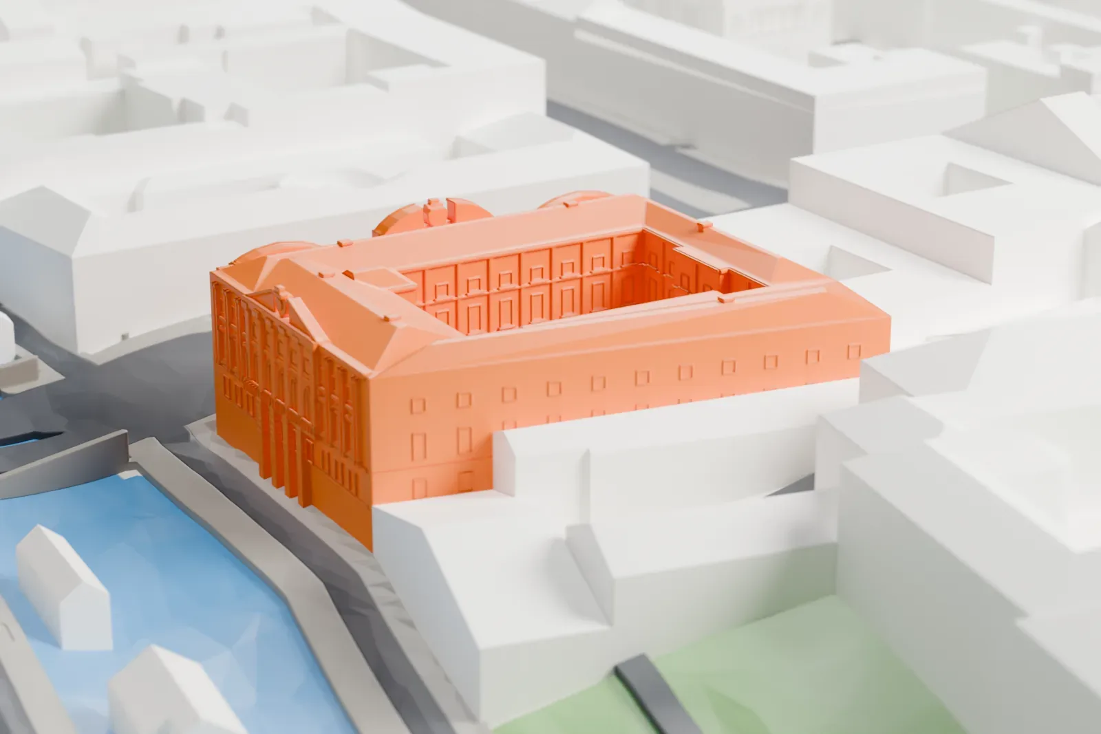A white 3D print of the Stroganov Palace in Saint Petersburg, a broad palace block at the meeting of the Moika River and Nevsky Prospect.