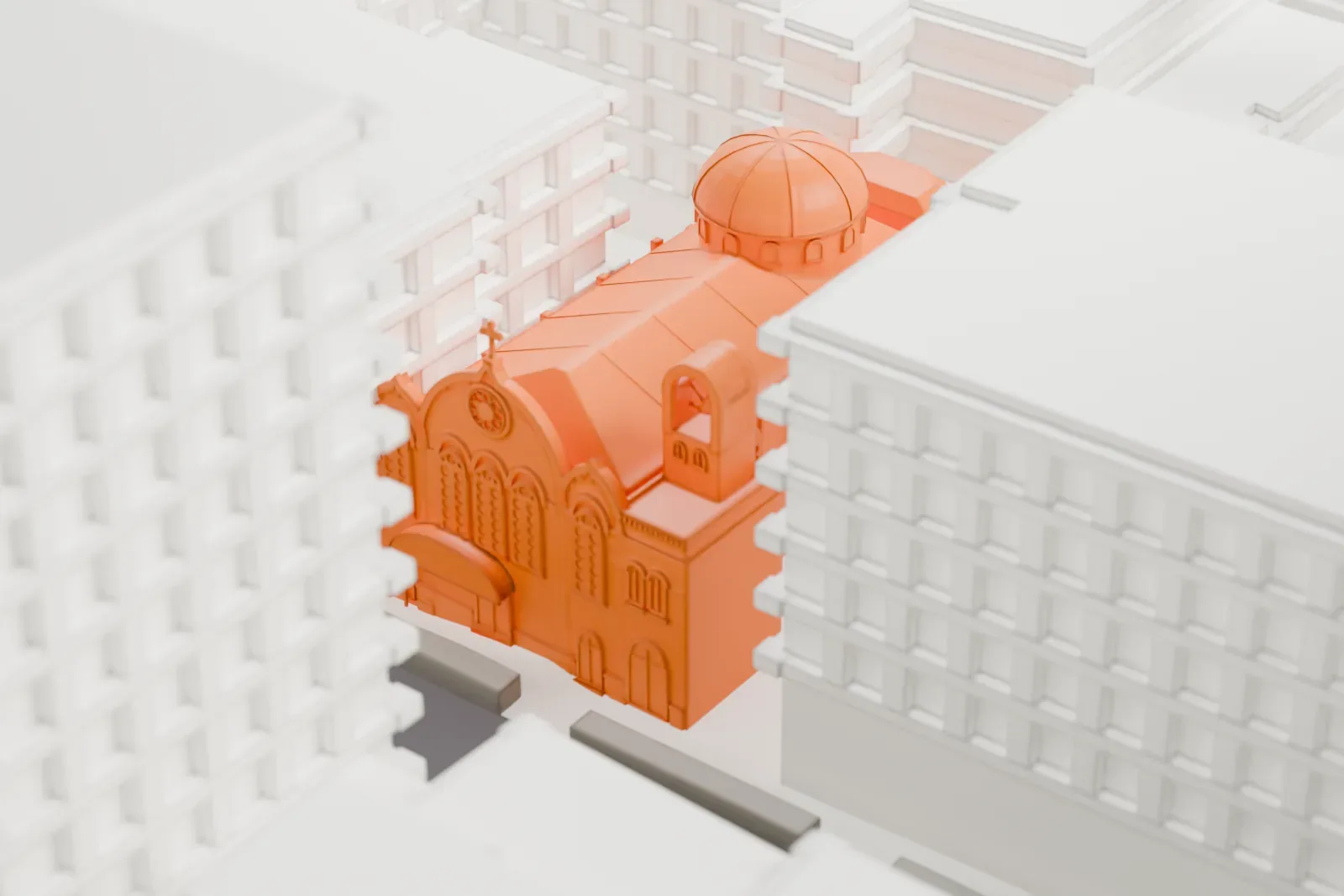 A white 3D print of the Sts. Constantine and Helen Cathedral, a small building among dense blocks of taller buildings and narrow streets.