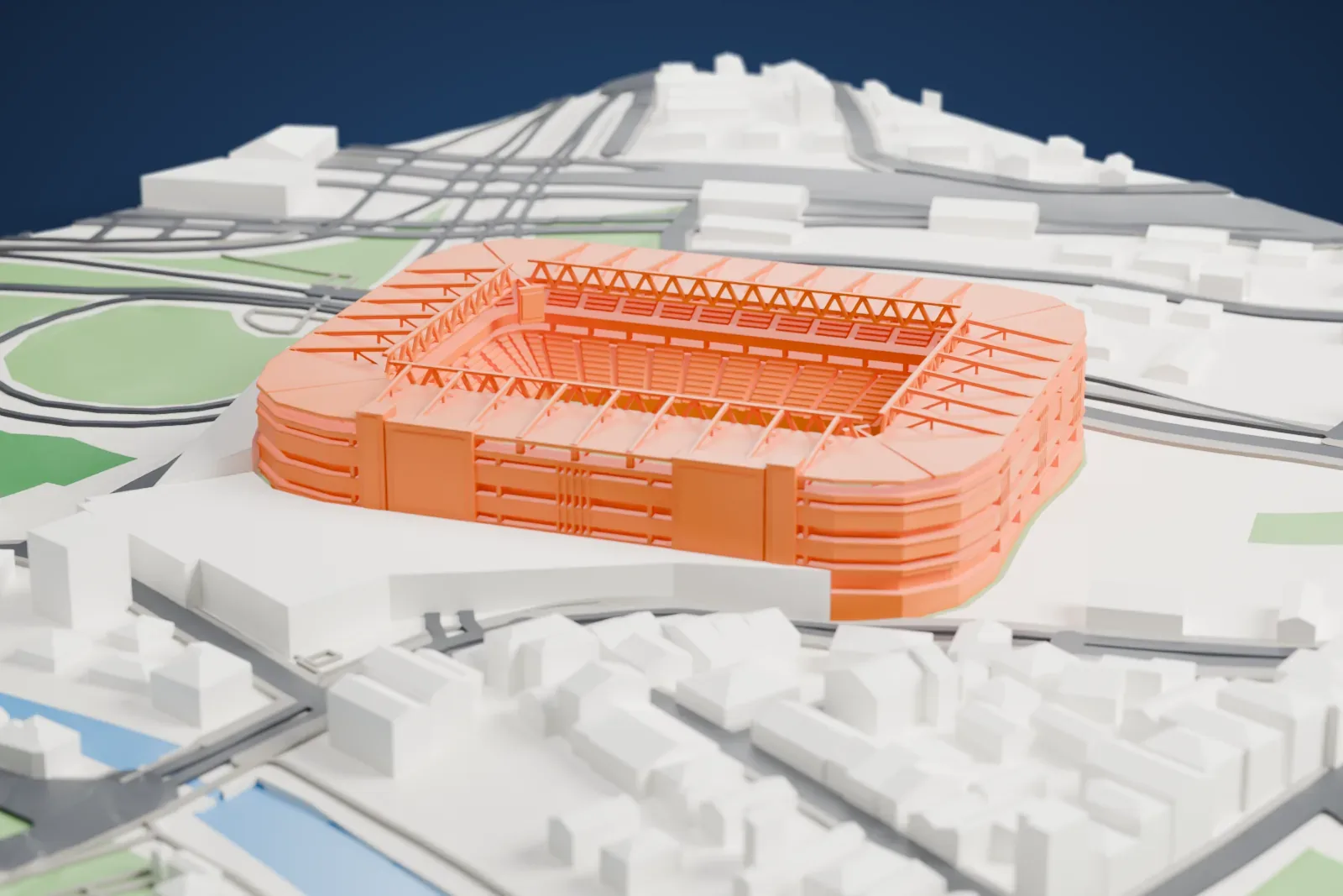 A white 3D print of the Şükrü Saracoğlu Stadium, a broad bowl of tiered stands, sitting among the streets and buildings of Istanbul.