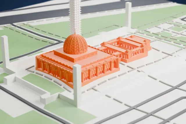 A white 3D print of the Sultan Qaboos Grand Mosque, with a large ribbed dome over a boxy hall and a lower arched wing, surrounded by roads and green areas.