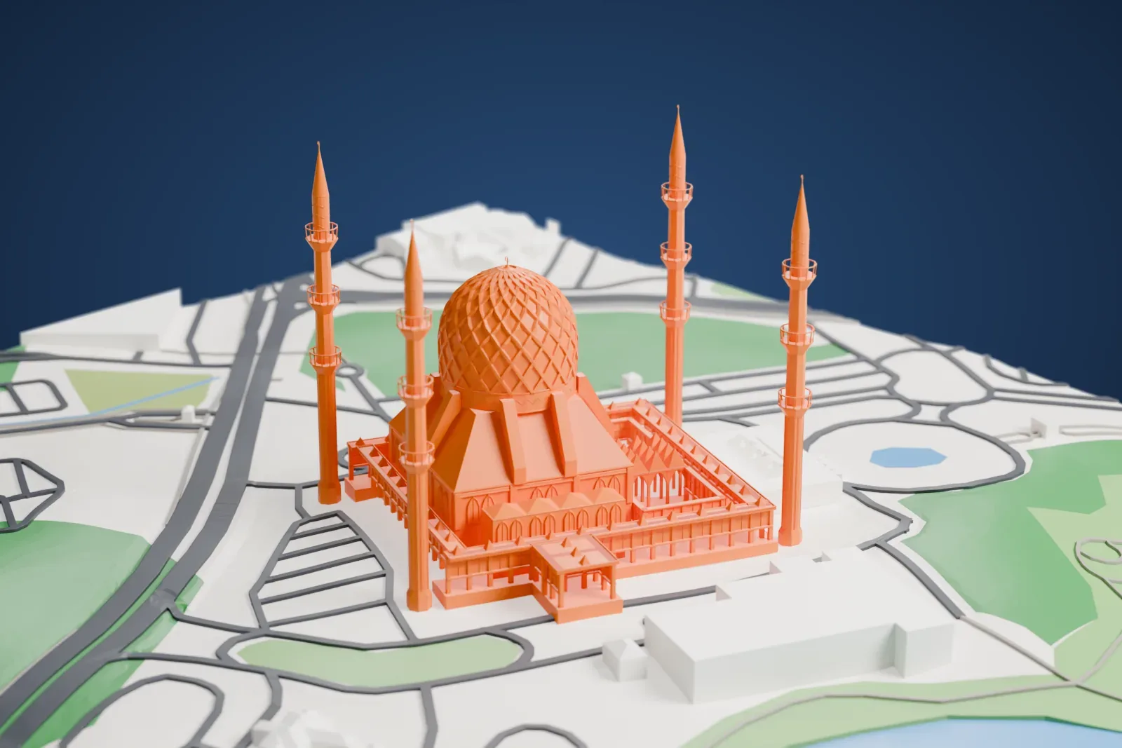 A white 3D print of the Sultan Salahuddin Abdul Aziz Mosque, with its large central dome and four corner minarets, among the surrounding streets and buildings.