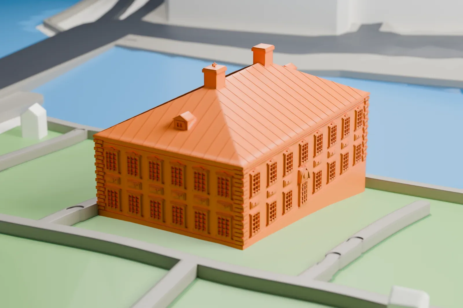 A white 3D print of the Summer Palace of Peter the Great, a low palace in the Summer Garden with Saint Petersburg's streets and buildings around it.