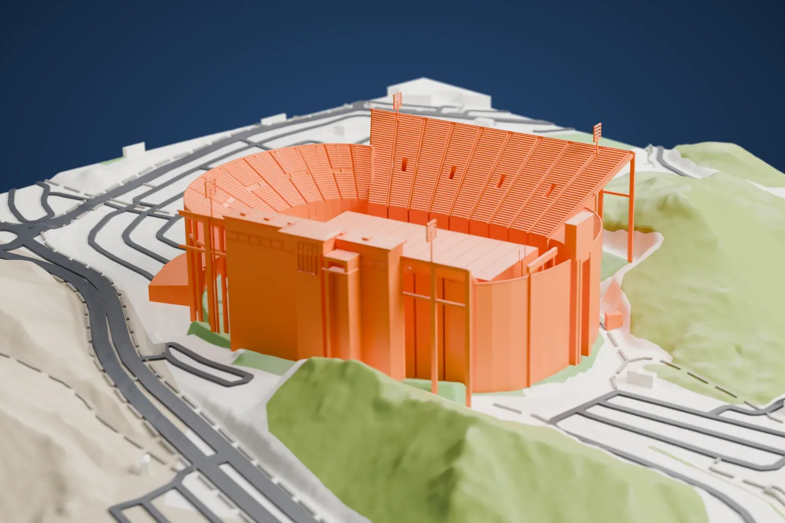 A white 3D print of the Sun Bowl, a horseshoe stadium with stepped stands and slim floodlight masts, set in a bowl of steep hills with roads and low buildings around it.