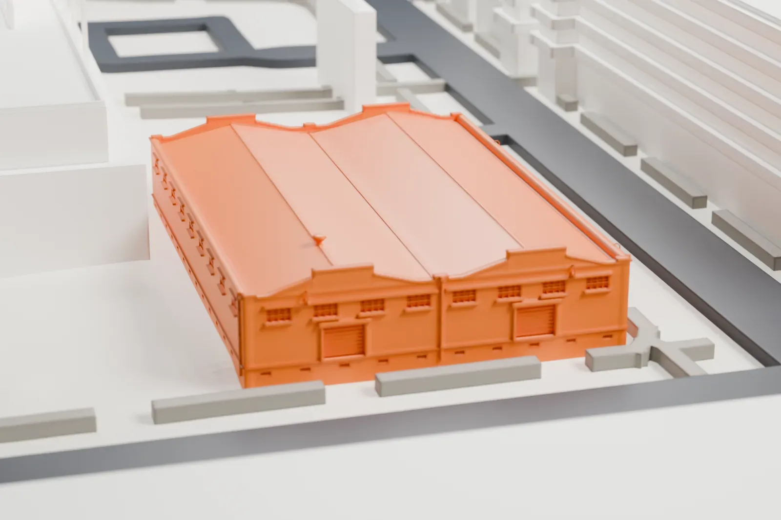 A white 3D print of the Sun Mercantile Building, a low warehouse with two long roof peaks behind a stepped parapet, beside paved streets and larger neighboring structures.
