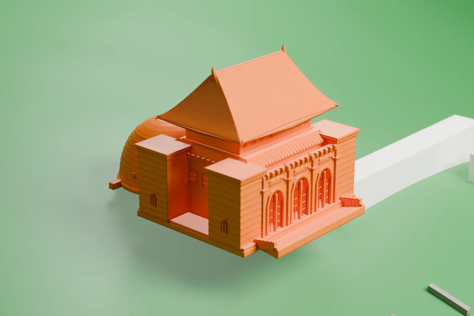 A white 3D print of the Sun Yat-sen Mausoleum, a hall with a curved-eaves roof beside a ringed, dome-shaped vault, set on open green ground with a few paths.