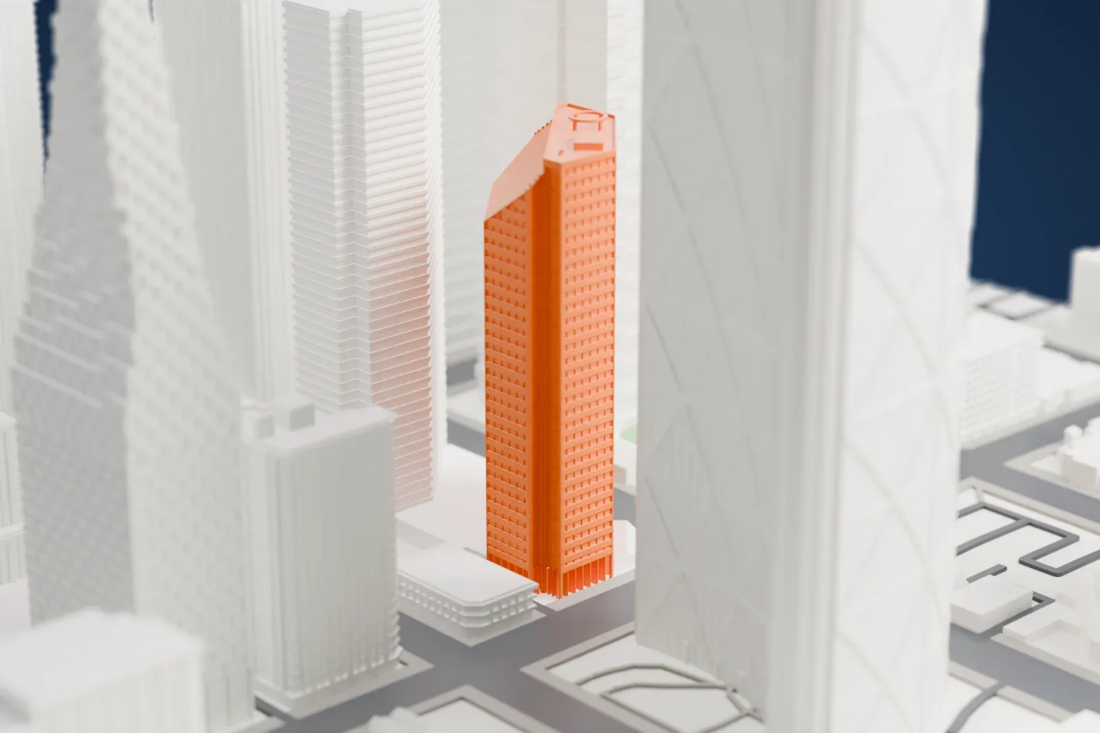A white 3D print of the Suncor Energy Centre's office towers among the surrounding streets and buildings.