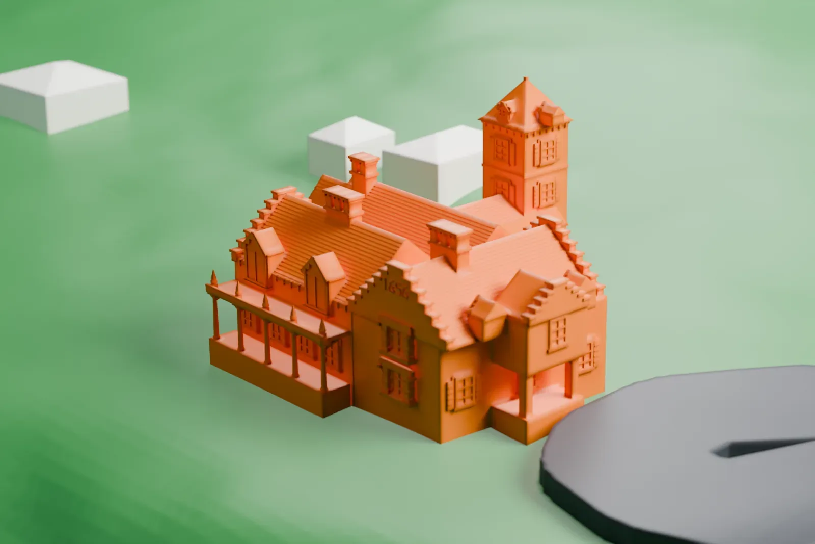 A white 3D print of Sunnyside, a cottage-like house with stepped gables and a small tower, on open lawn beside a curving road.