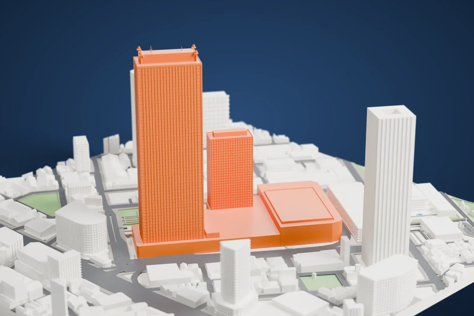A white 3D print of Sunshine 60, a tall skyscraper, among the surrounding streets and buildings.