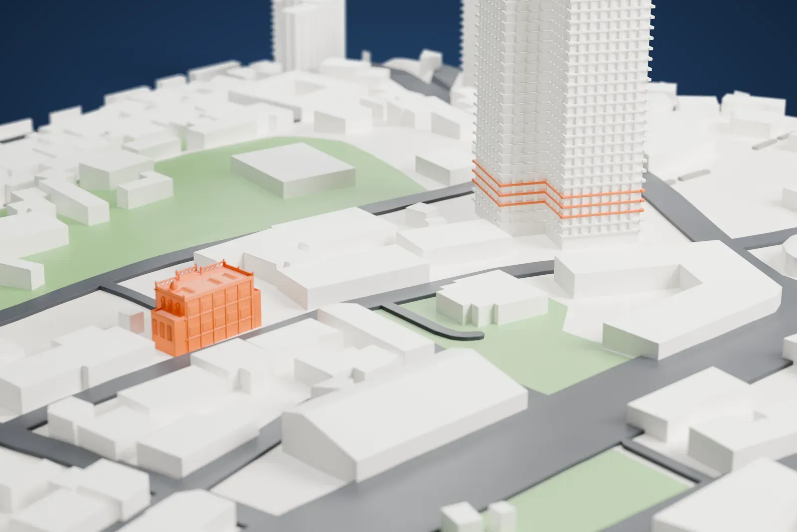 A white 3D print of the Sursock Museum, a building with an ornate arched facade, curved steps at the front and small domes on the roof, among other buildings and streets.