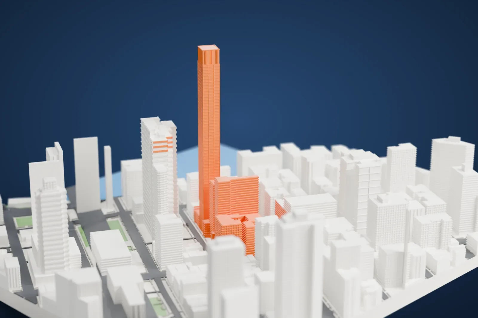 A white 3D print of Sutton Tower, a very tall slender tower rising above surrounding mid-rise buildings, with water at the edge of the scene.