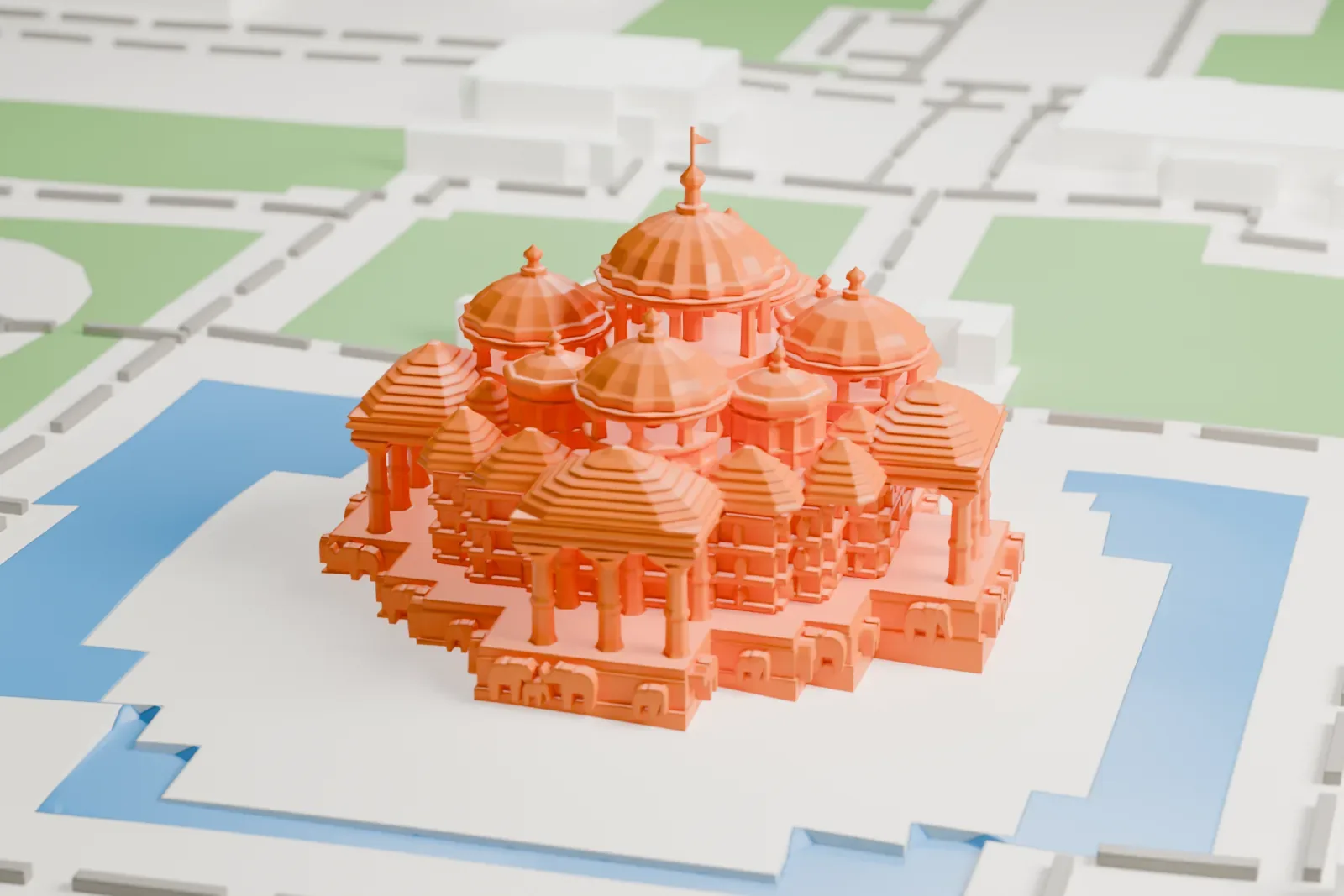 A white 3D print of Swaminarayan Akshardham, a temple of clustered domes and stepped pavilion roofs on a platform lined with small elephants, with water around it and open ground beyond.