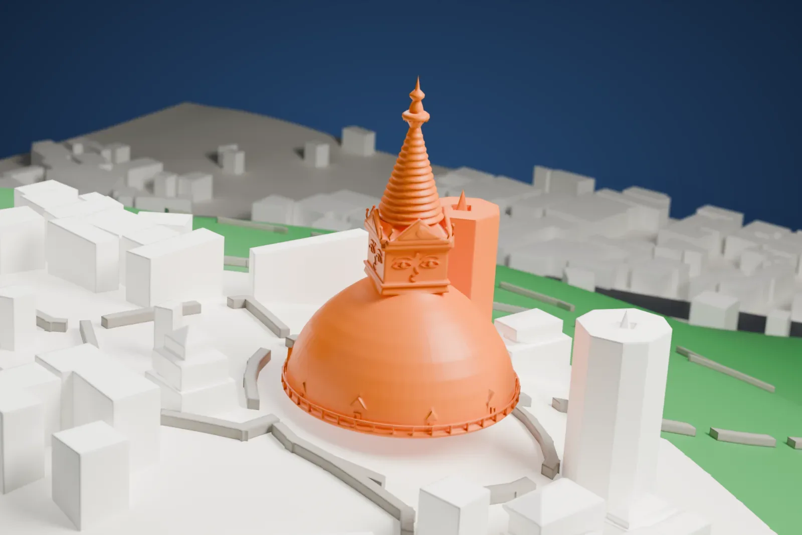 A white 3D print of Swayambhunath, a hemispherical dome topped by a square tower with carved eyes and a stack of rings narrowing to a spire, among small buildings and green slopes.