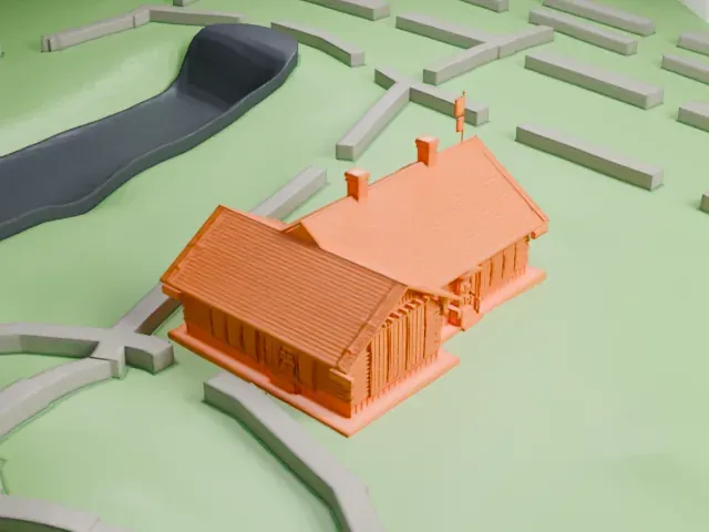 Swedish Cottage Marionette Theatre model, East view