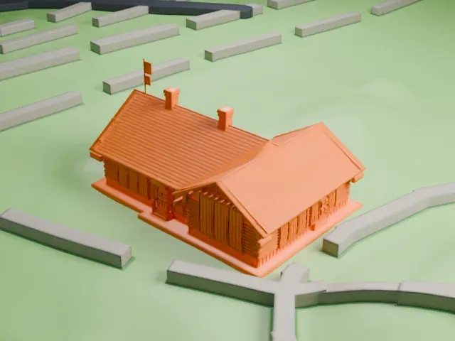 Swedish Cottage Marionette Theatre model, South view