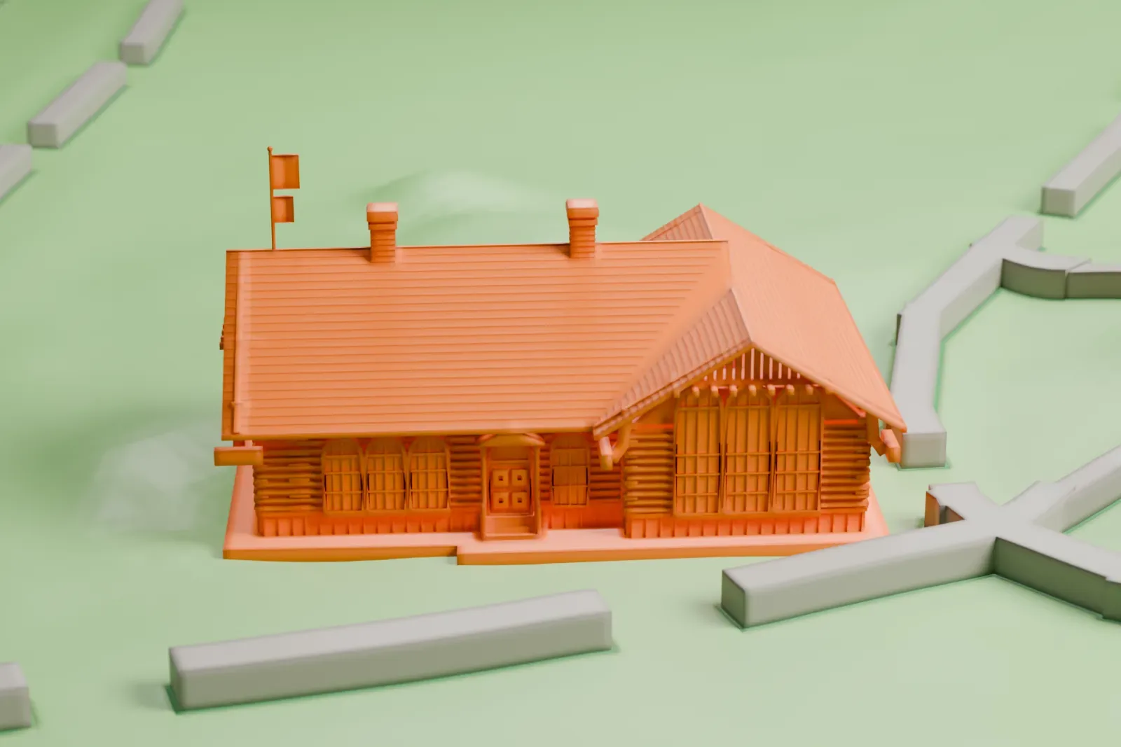 A white 3D print of the Swedish Cottage, a low cottage with a steep roof and two chimneys, set in green parkland with winding paths.