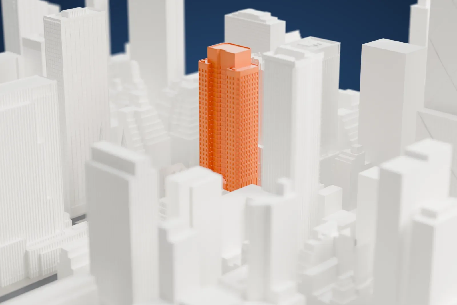 A white 3D print of the Swiss Bank Tower, a tall limestone tower with a folded glass facade and a stepped crown, among surrounding New York buildings.