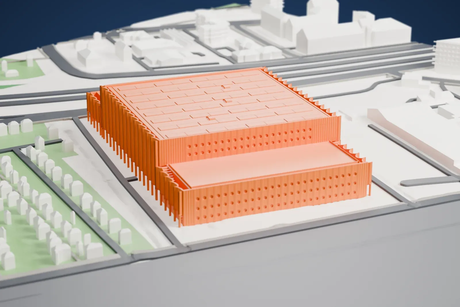 A white 3D print of Swiss Life Arena, a wide enclosed hall with ribbed walls and a paneled flat roof, set among surrounding streets and buildings.
