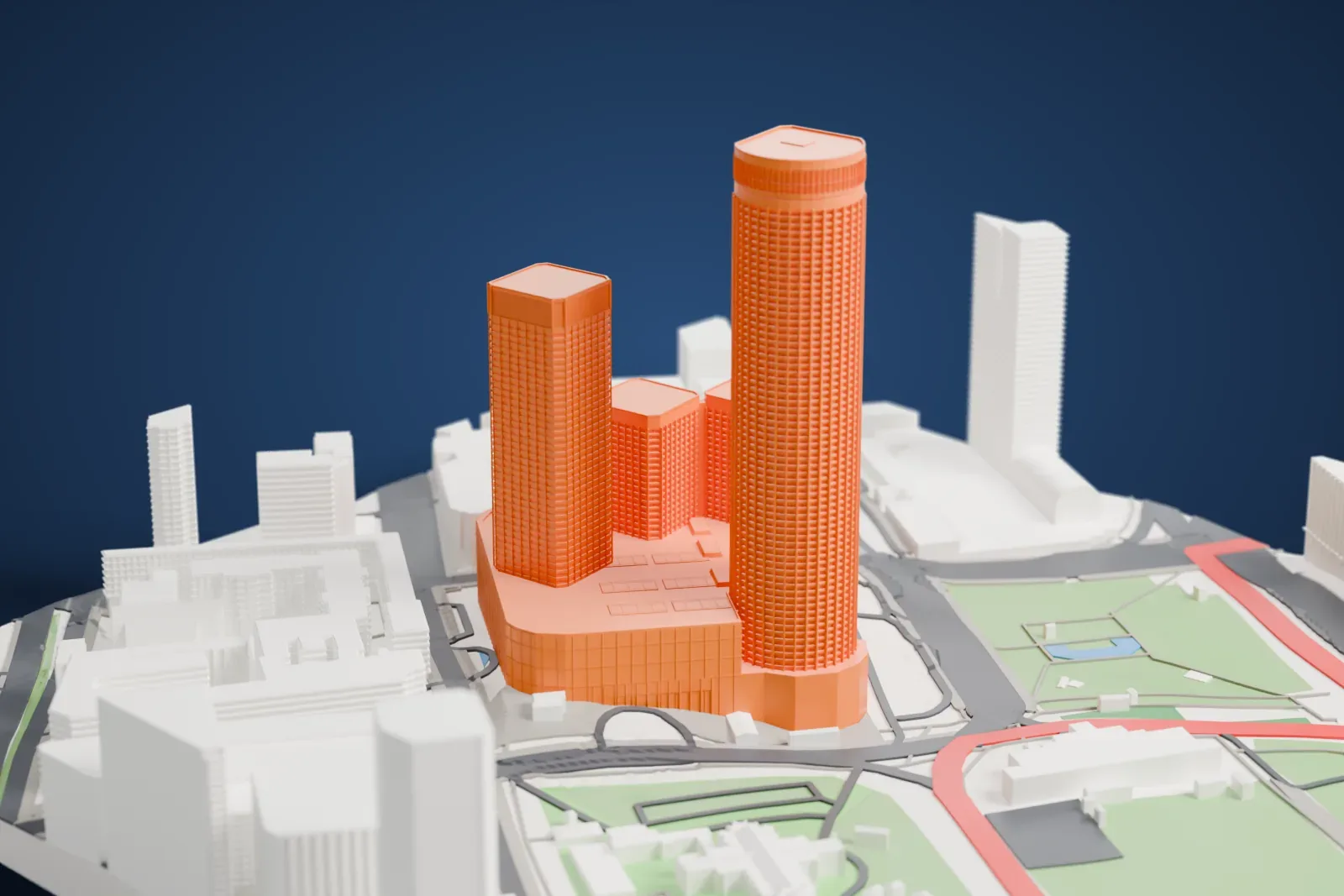 A white 3D print of Swissôtel The Stamford, a tall hotel tower, standing among the surrounding streets and buildings.
