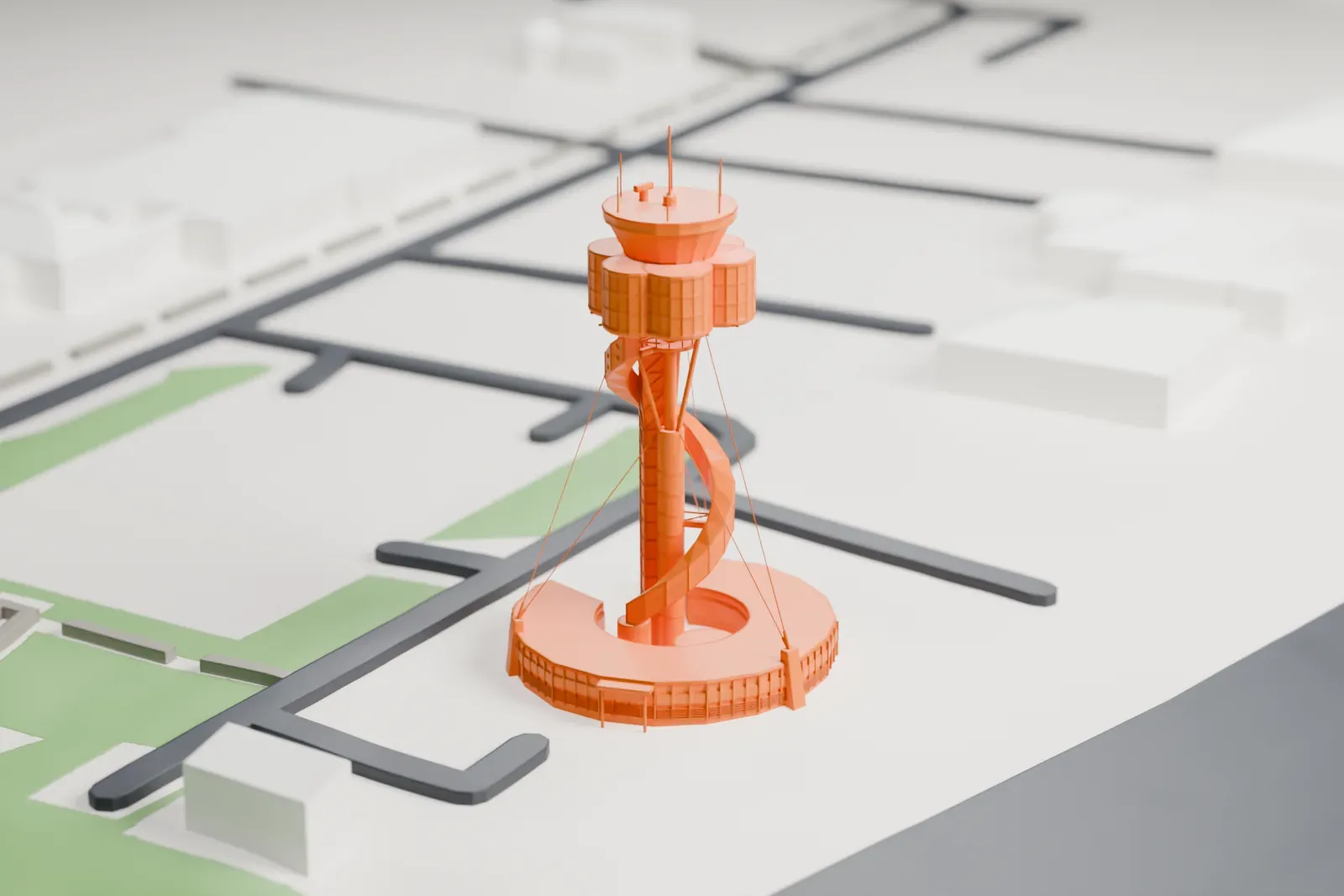A white 3D print of the Sydney Airport Air Traffic Control Tower, a slim shaft with a spiral staircase and a clover-shaped cabin on top, rising from a curved base building beside airport roads.