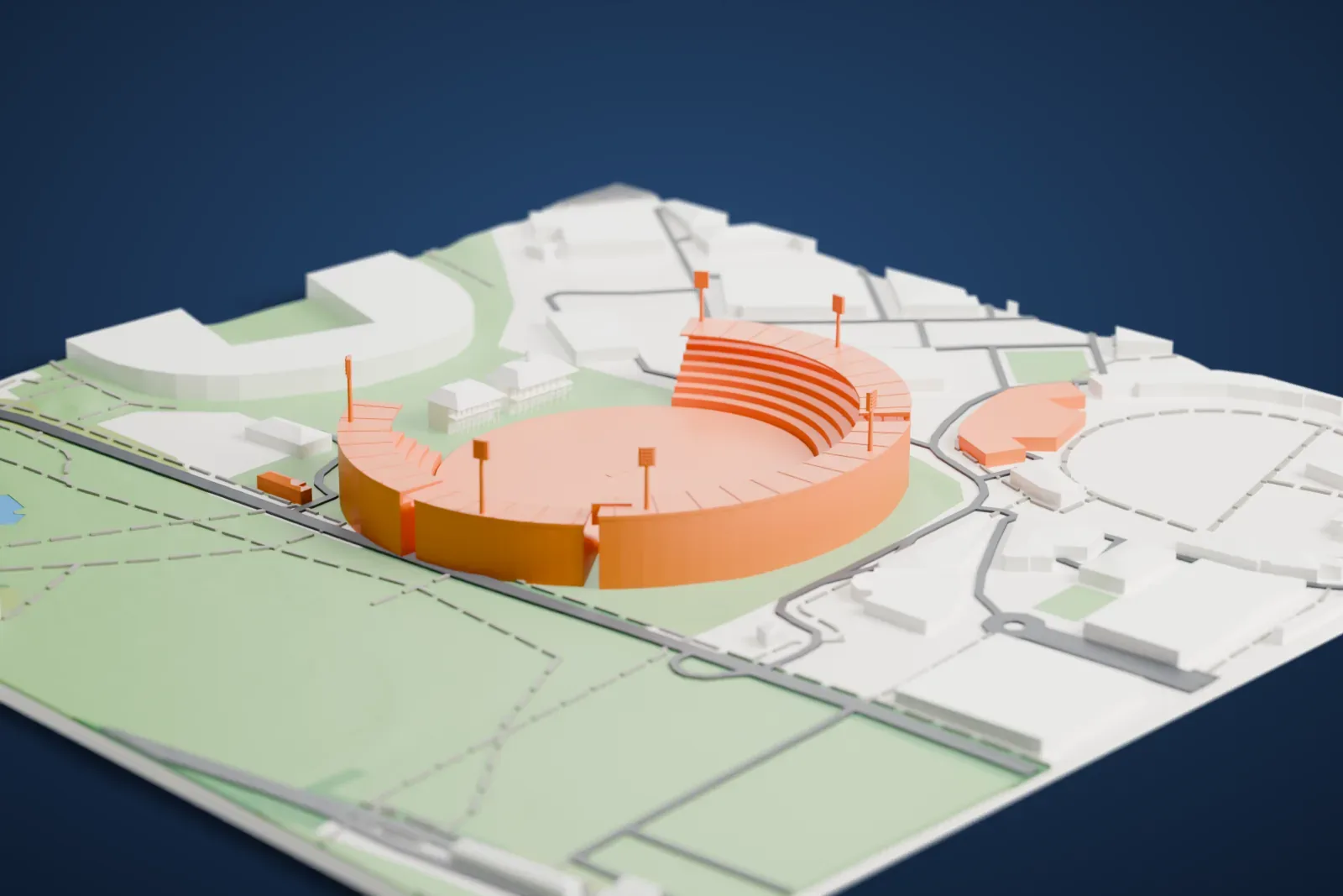 A white 3D print of the Sydney Cricket Ground, a wide oval with stepped stands, thin floodlight masts and two small pavilions, set in parkland with roads and buildings around it.
