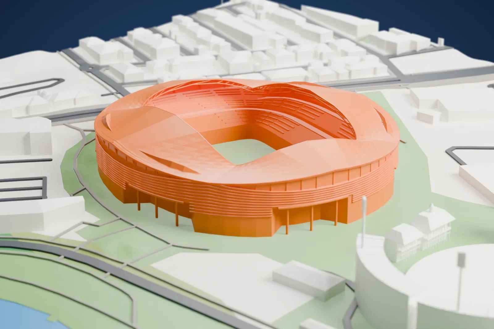 A white 3D print of the Sydney Football Stadium, a wide stadium bowl standing among surrounding streets and buildings.