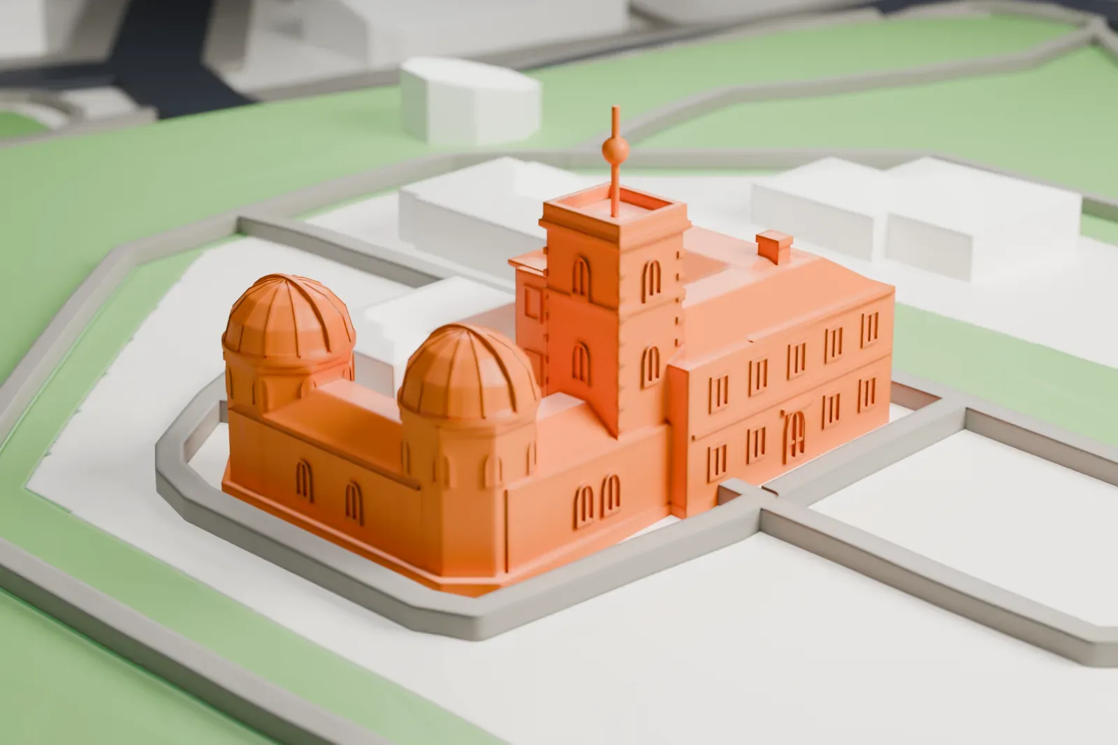 A white 3D print of the Sydney Observatory on Observatory Hill, with surrounding streets and buildings.