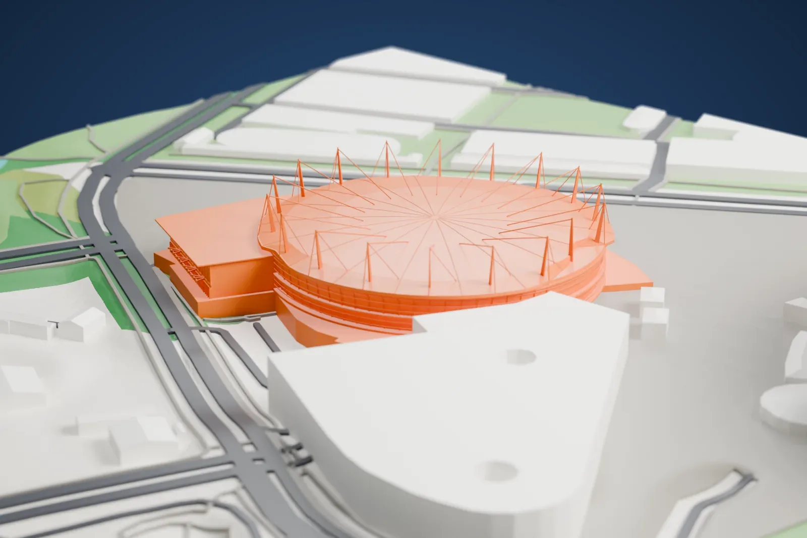 A white 3D print of the Sydney SuperDome, a round arena with the streets and buildings of Sydney Olympic Park around it.