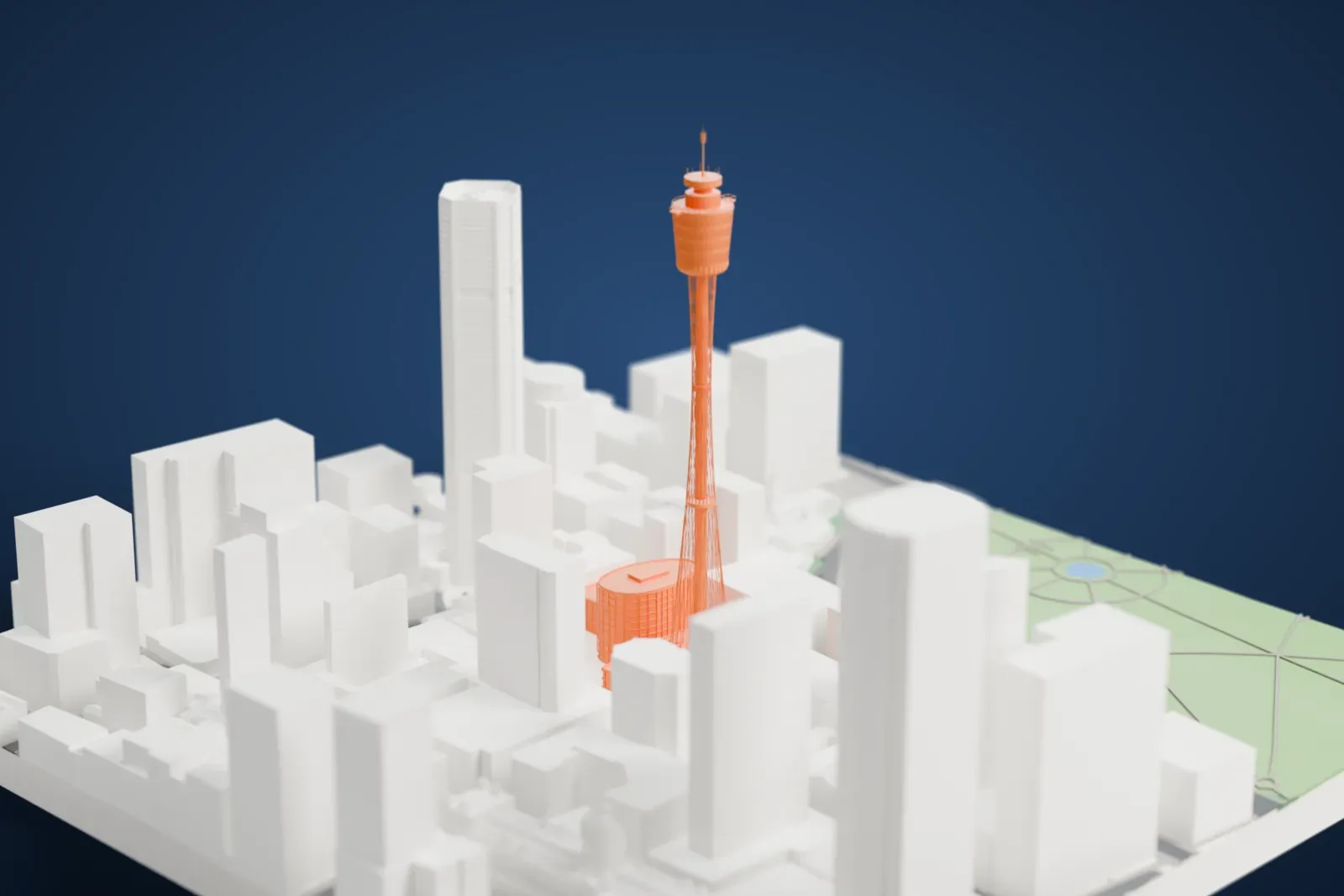 A white 3D print of Sydney Tower, a slender shaft rising to a wide turret and spire, standing among surrounding city buildings.