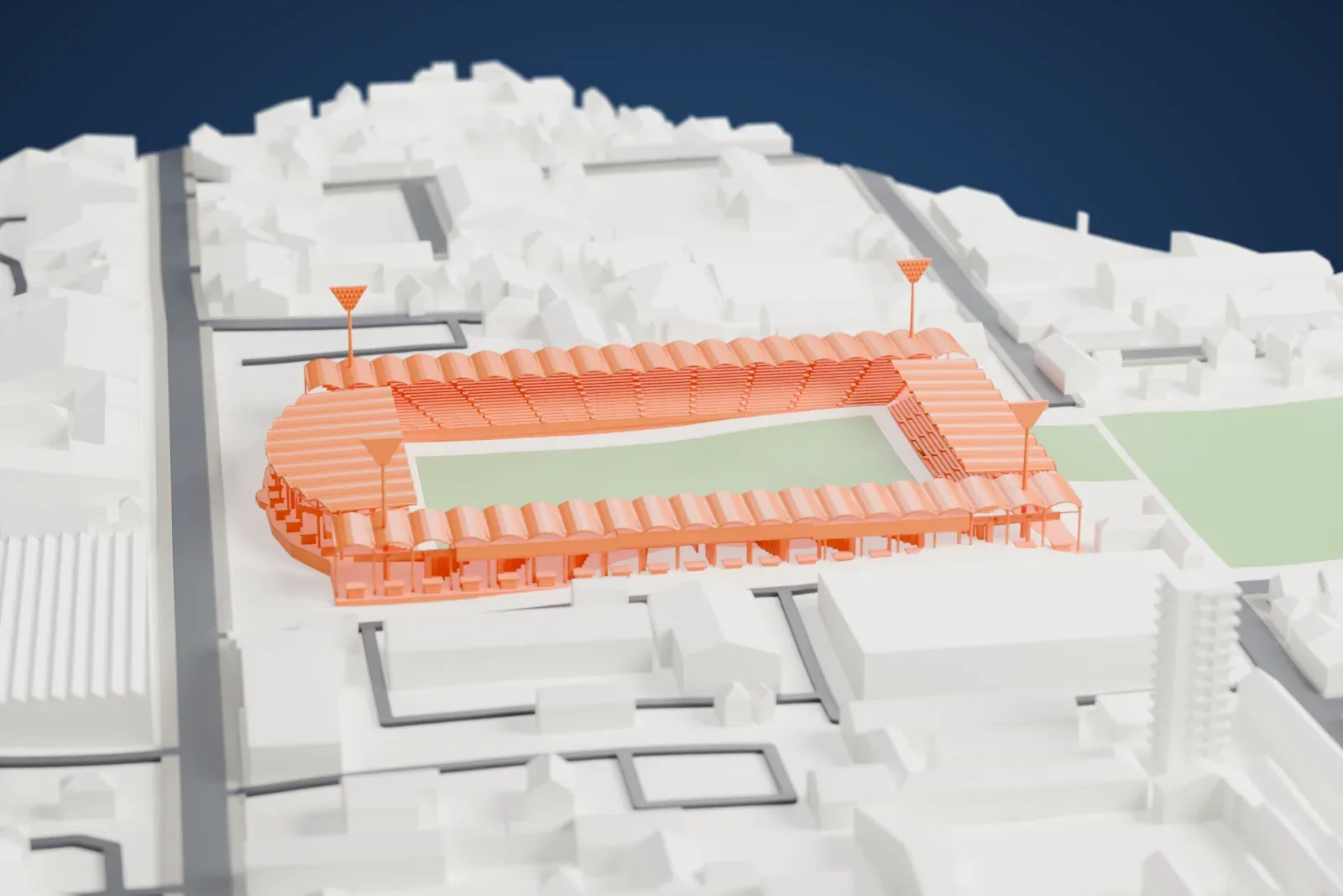 A white 3D print of Szusza Ferenc Stadion, a compact football stadium with curved roof sections over its stands and tall floodlight masts, among surrounding streets and buildings.