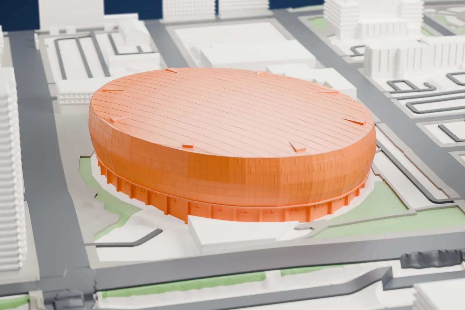 A white 3D print of T-Mobile Center, an oval glass arena with a shallow roof, among the surrounding downtown streets and buildings.