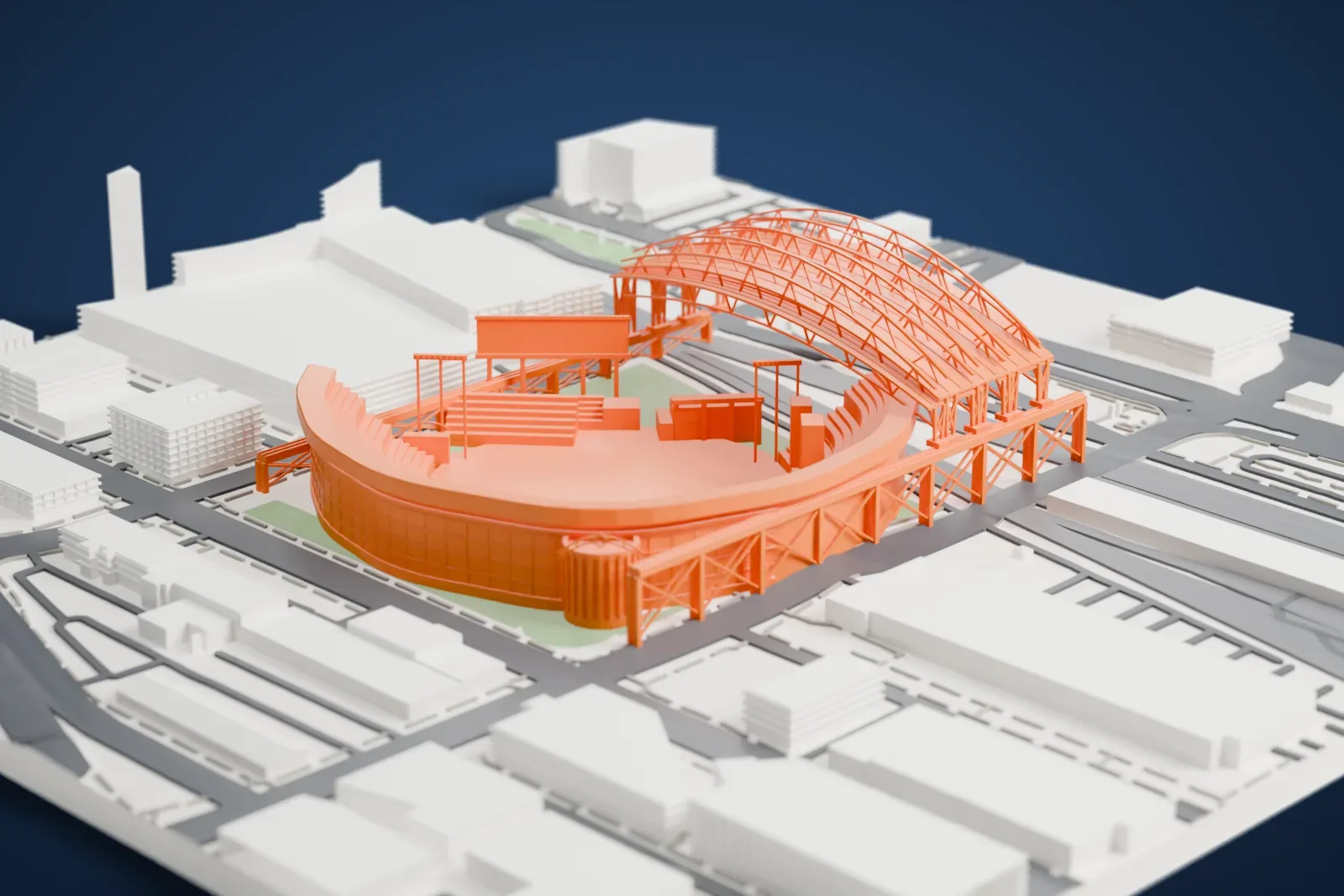 A white 3D print of T-Mobile Park, a baseball ballpark with a curved seating bowl and arched roof trusses over one side, set among roads and low buildings.