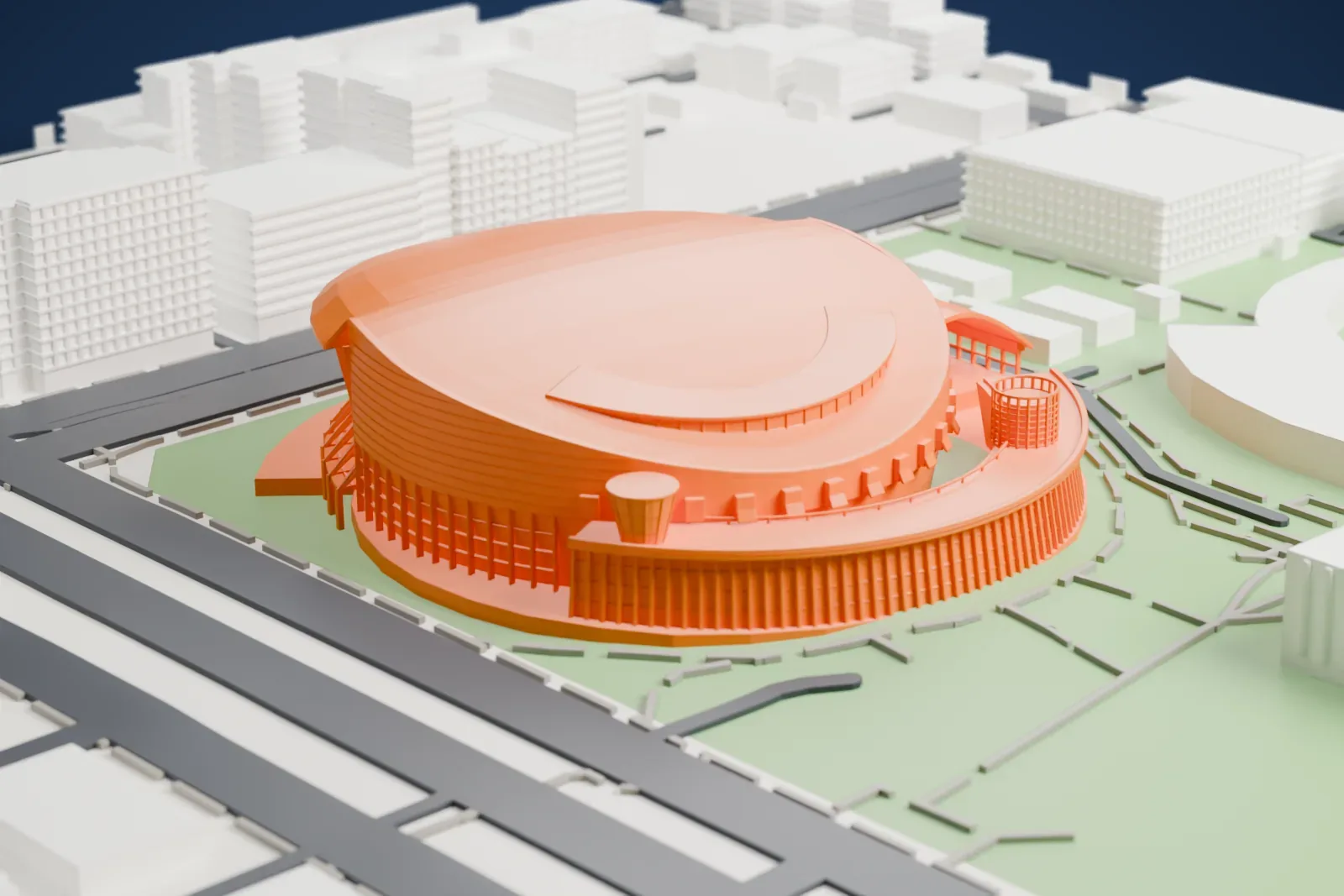 A white 3D print of the Taipei Arena, a domed oval arena ringed by slender ribs, set among green grounds with wide roads and buildings beside it.