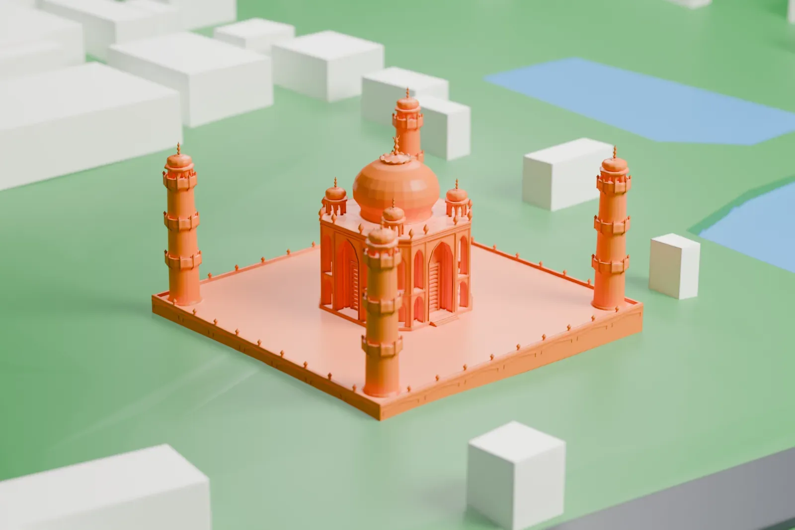 A white 3D print of Taj Mahal Bangladesh, a domed building with four slender minarets on a broad platform, surrounded by green grounds.