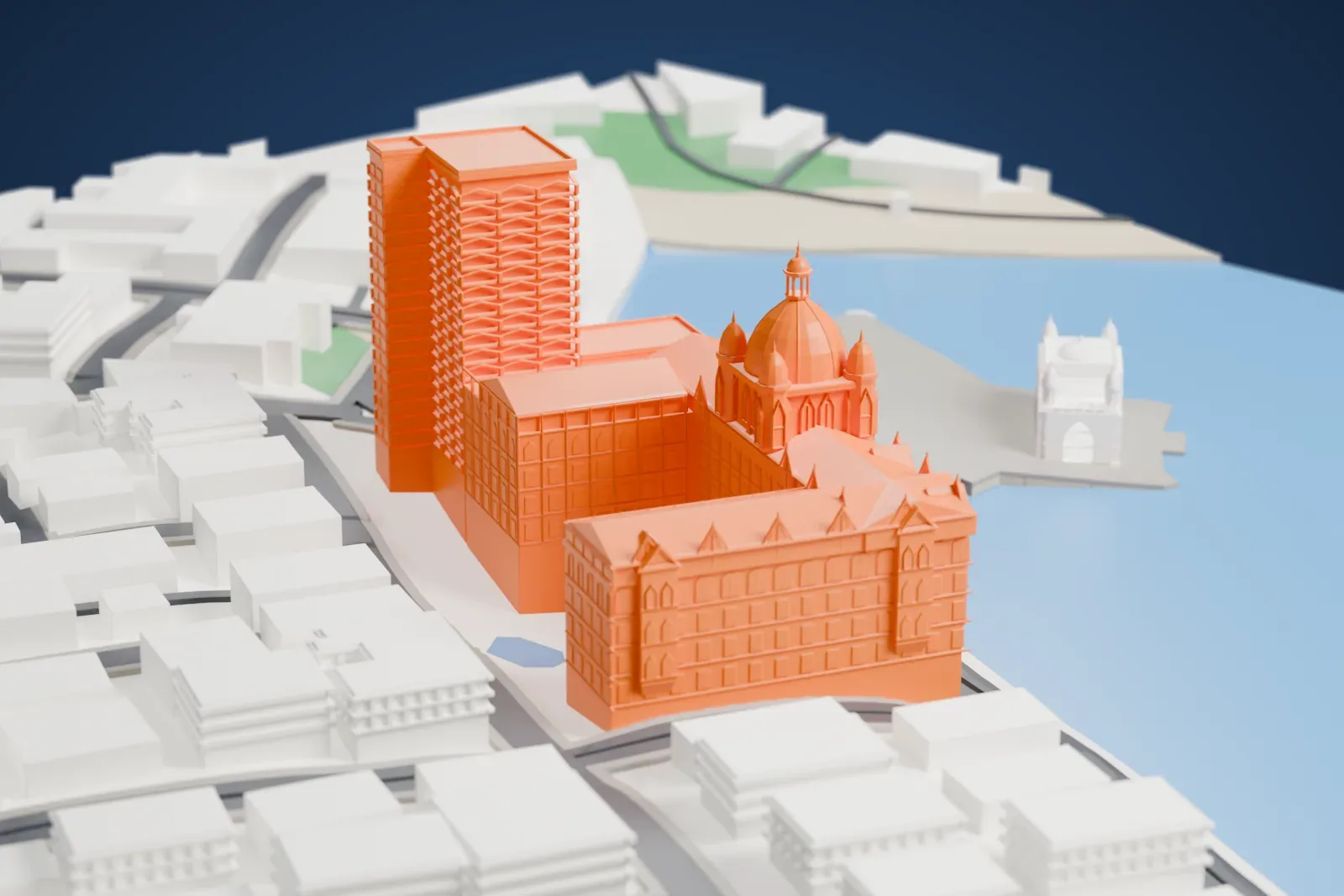A white 3D print of the Taj Mahal Palace Hotel, with its ribbed dome, corner cupolas, and tall tower rising above the surrounding streets and buildings.