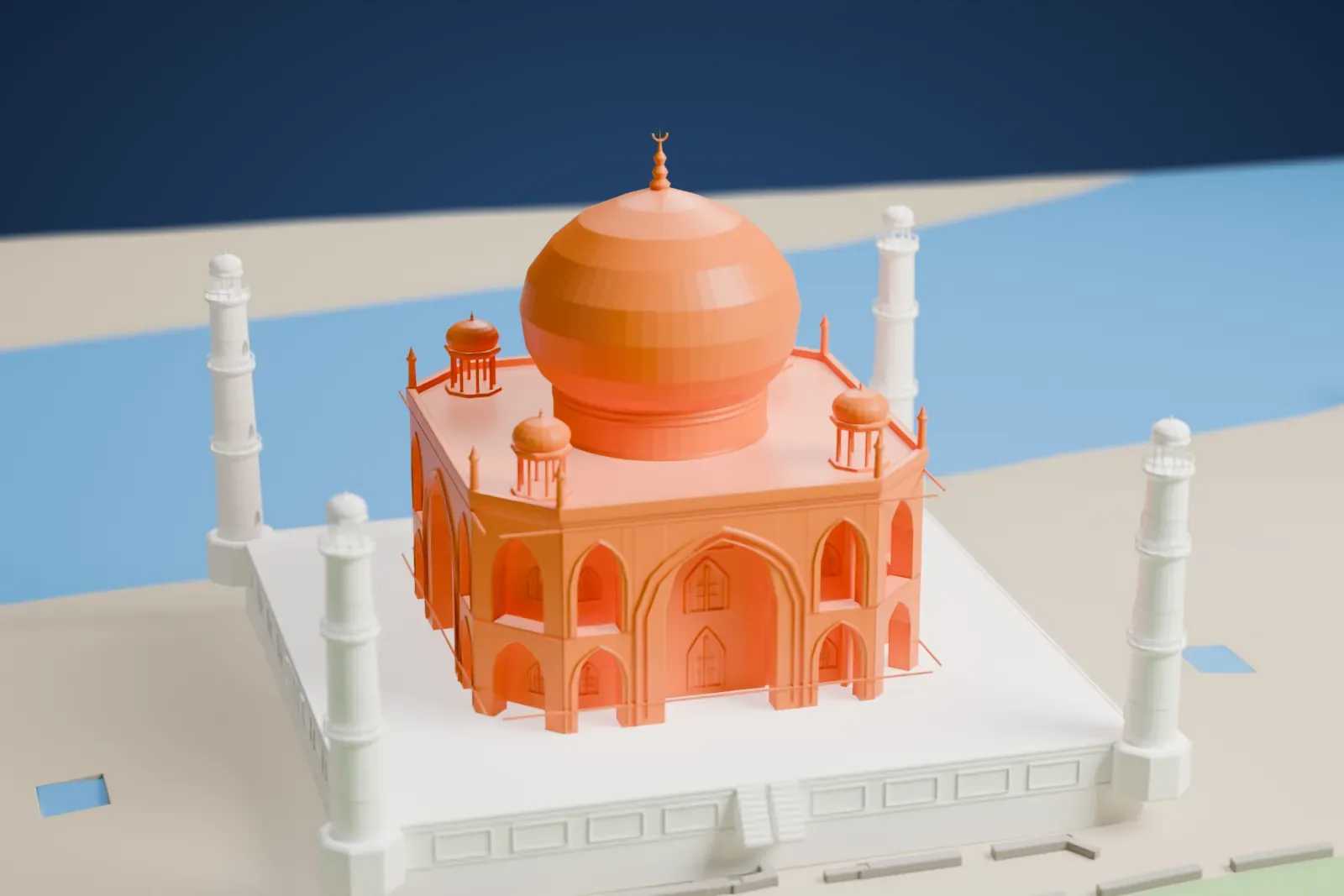 A white 3D print of the Taj Mahal, a large onion dome with four small domes and four tall minarets on a square platform, with garden plots and a river beside it.