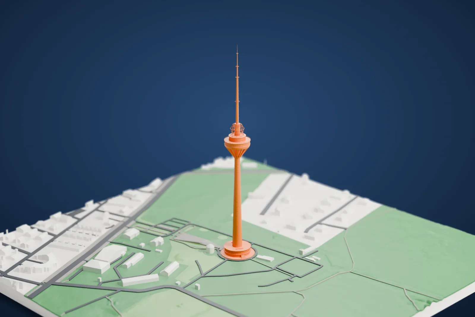 A white 3D print of the Tallinn TV Tower, a slender concrete shaft with a disc-shaped observation deck and long mast, among the streets and buildings near Pirita.