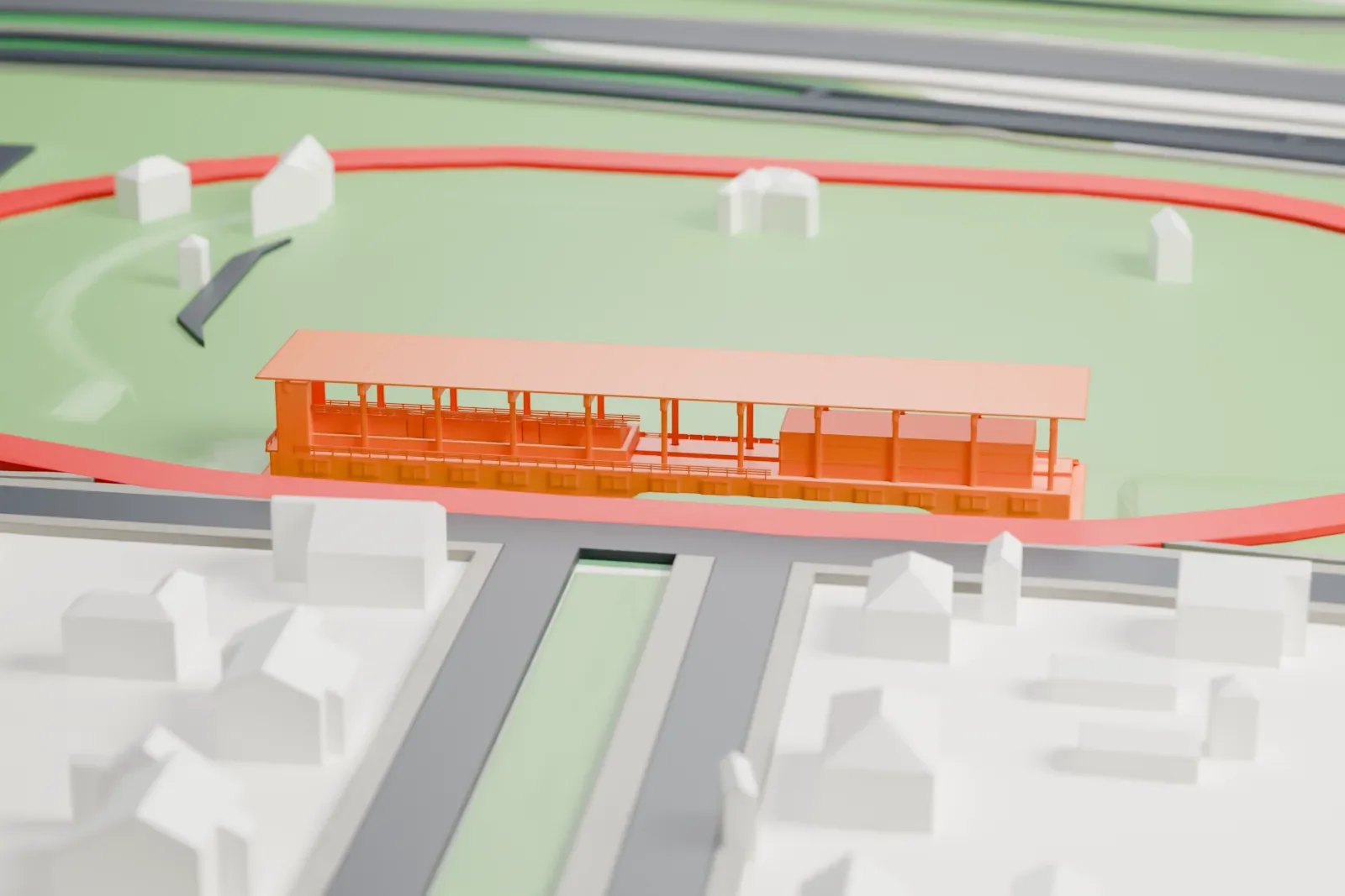 A white 3D print of Tamme Stadium's grandstand, a long stand with rows of seats under a broad flat roof, beside open ground with houses and a road behind.
